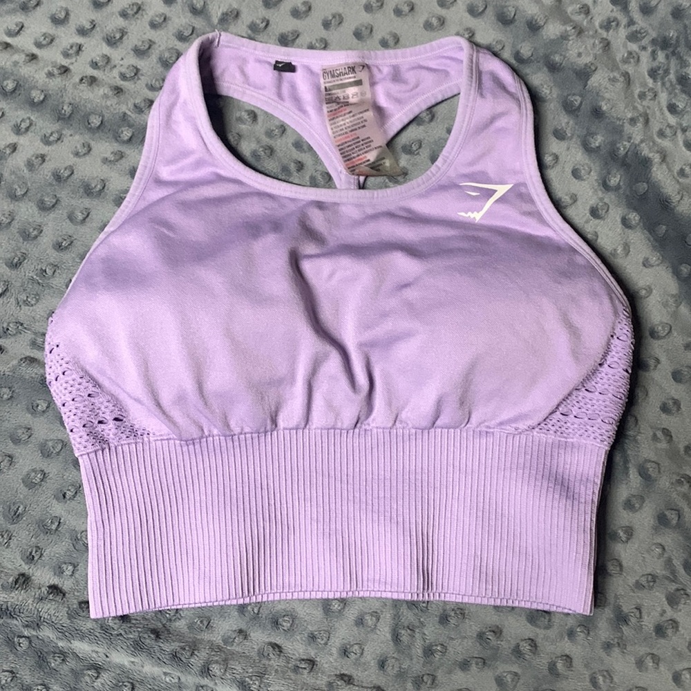 Purple gym shark sports bra, size small